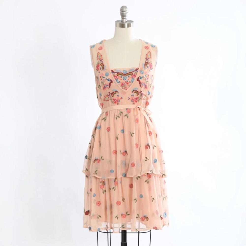 NWT SUNDANCE Pink floral embroidered tiered Julianna dress Sz. 10 $258